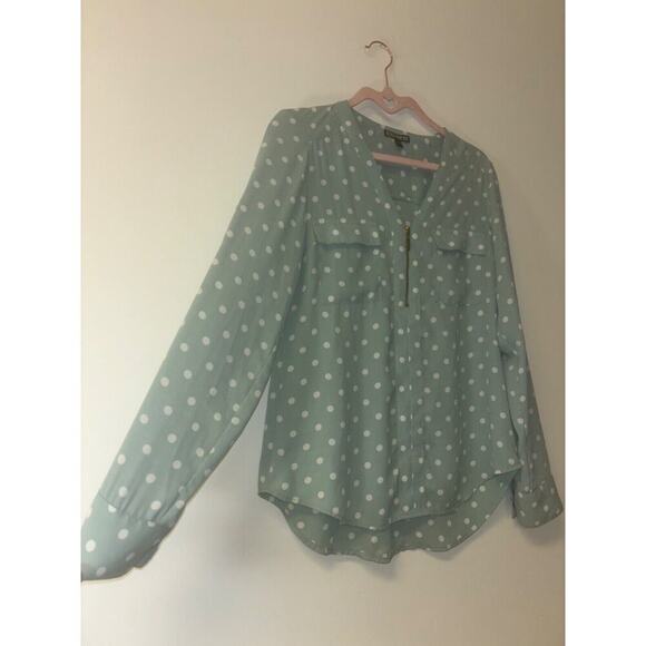 Express Shirt Womens Size xs Green Polka Dot Roll Tab Sleeve Button Front Preppy - Picture 3 of 8